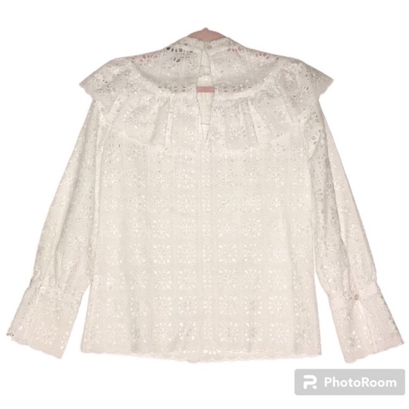 White Eyelet Embroidery Mockneck Ruffles Academia Style Blouse Medium - Picture 2 of 6